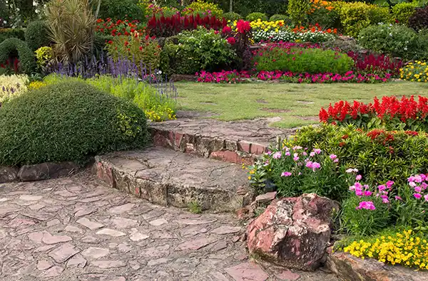 colourful garden with patio installation colourful garden with patio installation